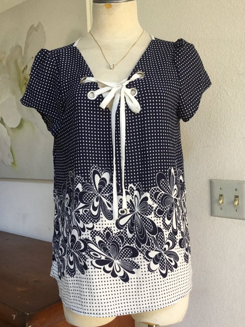 TOGETHER CLOTHING Casual Printed Polka Dot Flowers Top Blouse Short Sleeve  M